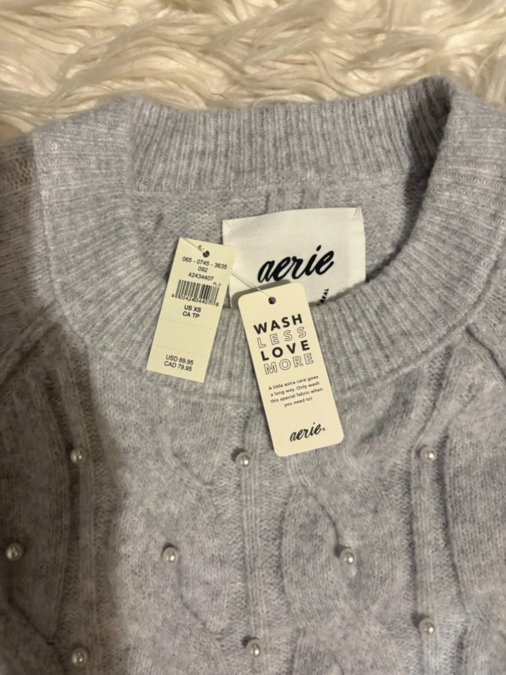 aerie unReal Light Gray Pearl-Embellished Cable Crewneck Sweater - Picture 7 of 12